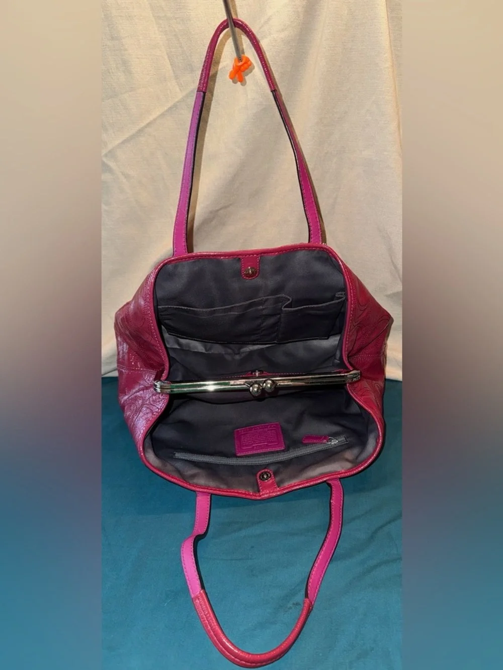 Coach F1182-F15658 Fuchsia Patent Leather Kiss-Lock Satchel